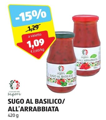 ALDI SUGO AL BASILICO/ ALL'ARRABBIATA 420 g offerta