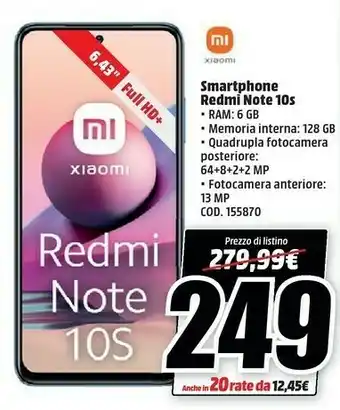 MediaWorld Xiaomi Redmi Note 10s 6.43'' 6gb 128gb offerta