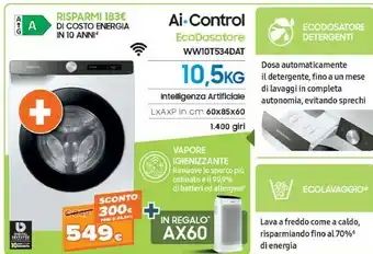 Expert Samsung WW10T534DAT Lavatrice 10kg Ecodosatore Ai Control Libera Installazione Caricamento Frontale 1400 Giri/min Bianco offerta