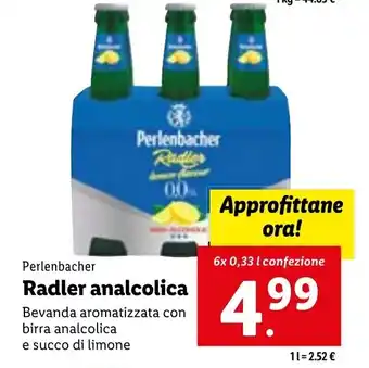 Lidl Perlenbacher Radler analcolica 6x 0,33 I offerta