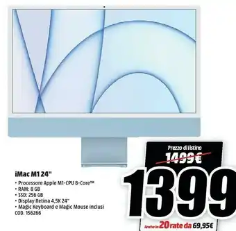 Apple IMac 24" Con Display Retina 4.5K (Chip M1 Con GPU 8-core, 256GB SSD) - Blu (2021)