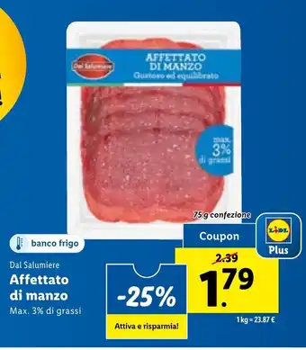 Lidl Dal Salumiere Affettato di manzo Max. 3% di grassi 75 g offerta