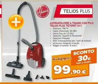 Expert Hoover Telios Plus TE75PET 011 3,5 L A Cilindro Secco 700 W Sacchetto Per La Polvere offerta