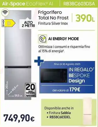 Unieuro SAMSUNG Frigorifero Total No Frost RB38C603DSA offerta