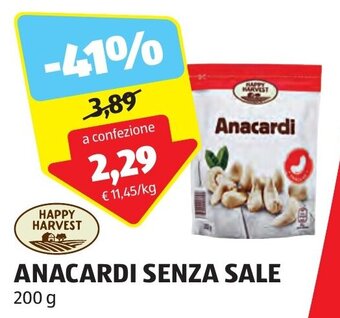 ALDI HAPPY HARVEST ANACARDI SENZA SALE 200 g offerta