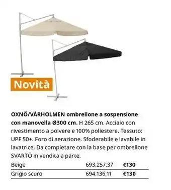 Oxnò/Varholmen Ombrellone A Sospensione Con Manovella