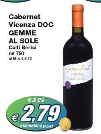Prix Quality Cabernet Vicenza DOC GEMME AL SOLE Colli Berici ml 750 offerta