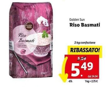 Lidl Golden Sun Riso Basmati 2 kg offerta