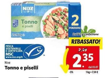 Lidl Nixe Tonno e piselli 2x 160 g offerta