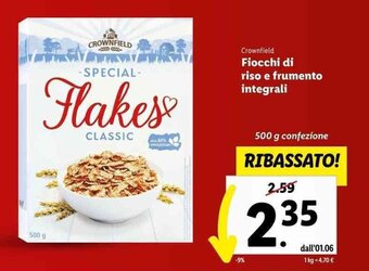 Lidl Crownfield Fiocchi di riso e frumento integrali 500 g offerta