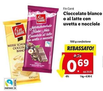 Lidl Fin Carré Cioccolato bianco o al latte con uvetta e nocciole 100 g offerta