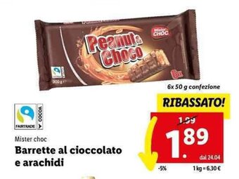 Lidl Mister choc Barrette al cioccolato e arachidi 6x 50 g offerta