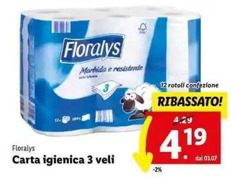 Lidl Floralys Carta igienica 3 veli offerta