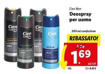 Lidl Cien Men Deospray per uomo 200 ml offerta