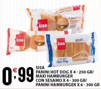 Sisa SISA PANINI HOT DOG X 4-250 GR/ MAXI HAMBURGER CON SESAMO X 4-300 GR/ PANINI HAMBURGER X 6-300 GR offerta