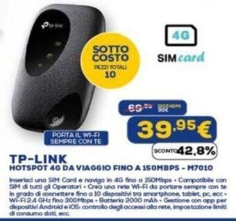 Euronics TP-LINK HOTSPOT 4G DA VIAGGIO FINO A 150MBPS - M7010 offerta
