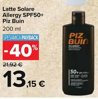 Carrefour Market Latte Solare Allergy SPF50+ Piz Buin 200 ml offerta