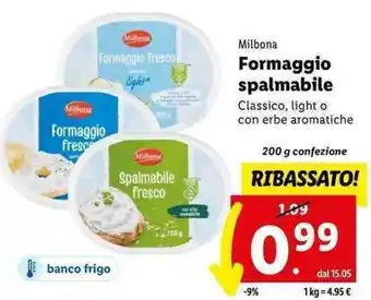 Lidl Milbona Formaggio spalmabile Classico, light o con erbe aromatiche 200 g confezione offerta