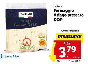 Lidl Italiamo Formaggio Asiago pressato DOP 400 g confezione offerta