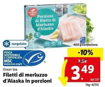 Lidl Ocean Sea Filetti di merluzzo d'Alaska in porzioni 400 g confezione offerta