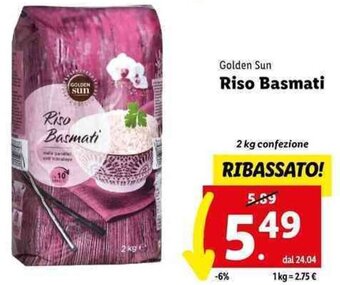 Lidl Golden Sun Riso Basmati 2 kg confezione offerta