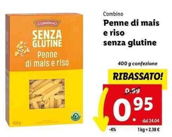 Lidl Combino Penne di mais e riso senza glutine 400 g confezione offerta