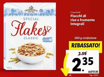 Lidl Crownfield Fiocchi di riso e frumento integrali 500 g confezione offerta