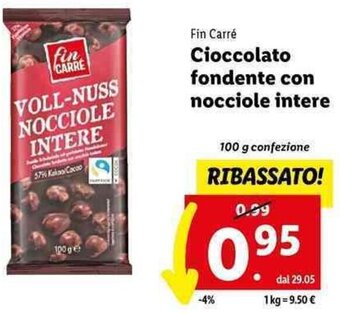 Lidl Fin Carré Cioccolato fondente con nocciole intere 100 g confezione offerta