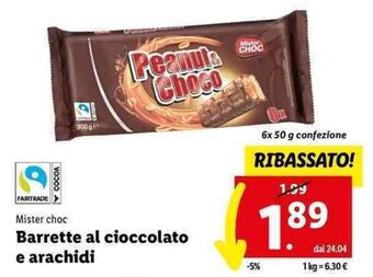 Lidl Mister choc Barrette al cioccolato e arachidi 6x 50 g confezione offerta