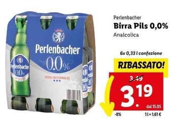 Lidl Perlenbacher Birra Pils 0,0% Analcolica 6x 0,33 l confezione offerta