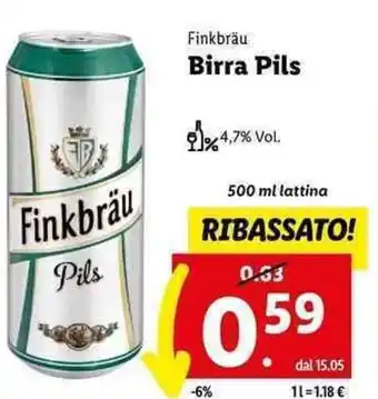 Lidl Finkbräu Birra Pils 500 ml lattina offerta