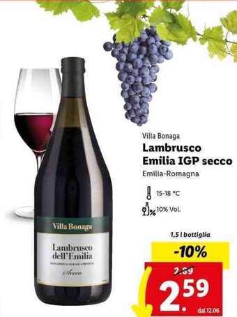 Lidl Villa Bonaga Lambrusco Emilia IGP secco 1,5 l bottiglia offerta