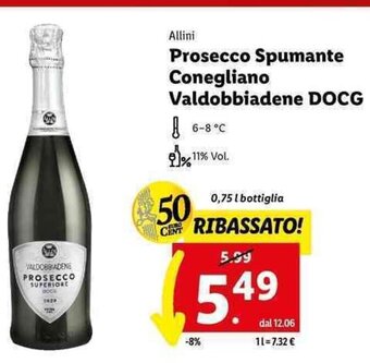Lidl Allini Prosecco Spumante Conegliano Valdobbiadene DOCG 0,75 l bottiglia offerta