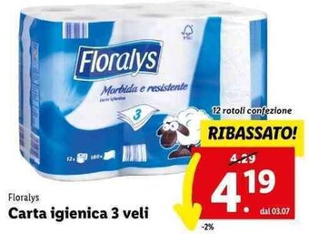 Lidl Floralys Carta igienica 3 veli 12 rotoli confezione offerta