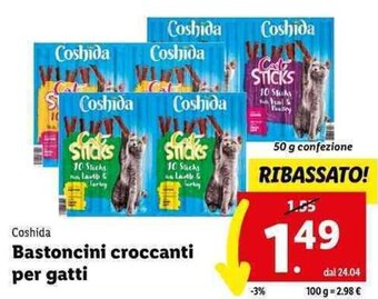 Lidl Coshida Bastoncini croccanti per gatti 50 g confezione offerta