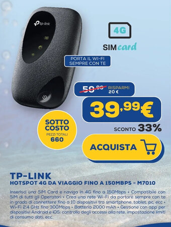 Euronics TP-LINK HOTSPOT 4G DA VIAGGIO FINO A 150MBPS - M7010 offerta