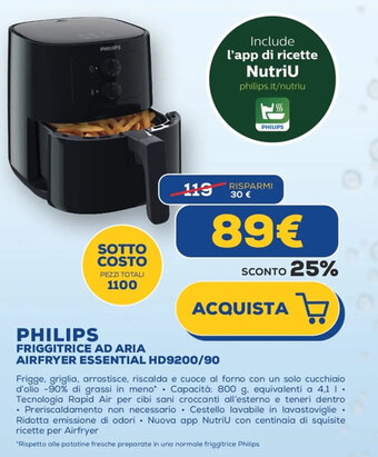 Euronics PHILIPS FRIGGITRICE AD ARIA AIRFRYER ESSENTIAL HD9200/90 offerta