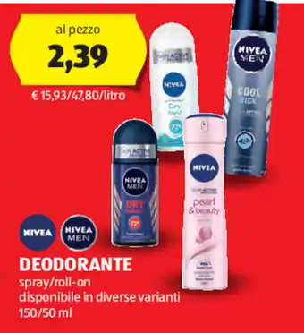 ALDI NIVEA DEODORANTE spray/roll-on 150/50 ml offerta
