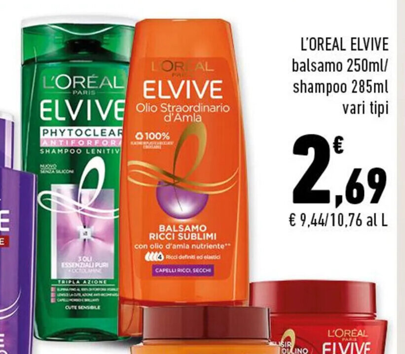 L'OREAL ELVIVE balsamo 250ml/ shampoo 285ml vari tipi offerta di Conad