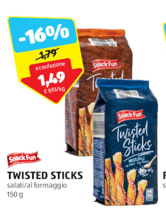 ALDI Snack Fun TWISTED STICKS salati/al formaggio 150 g offerta