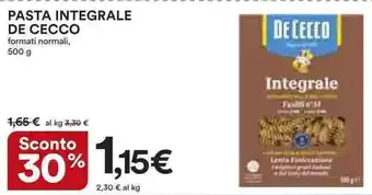 Ipercoop PASTA INTEGRALE DE CECCO formati normali, 500g offerta
