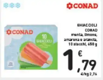 Conad GHIACCIOLI CONAD menta, Umone, amarona e arancia, 10 stacchi, 650 g offerta