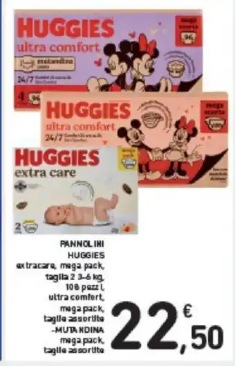 Conad PANNOLINI HUGGIES extracare, mega pack, tagila 2 3-6 kg. ultra comfort, maga pack, tagile assortite -MUTANDINA maga pack offerta