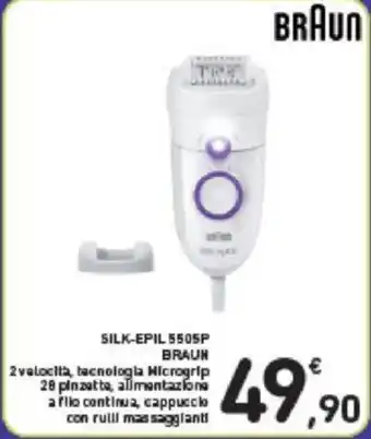 Conad SILK-EPIL 5505P BRAUN 2velocità,tecnologia Microgrip28pinzette,alimentazione a filo continua,cappuccio con rulli massaggianti offerta
