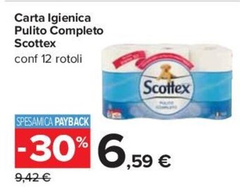 Carrefour Carta Igienica Pulito Completo Scottex conf 12 rotoli offerta