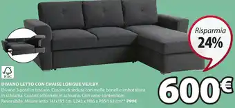 JYSK DIVANO LETTO CON CHAISE LONGUE VEJLBY 3 posti 141x195 cm. L243 x H86 x P85/163 cm offerta