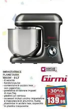 Happy Casa Girmi Impastatrice Planetaria 1800w - 8 Lt offerta