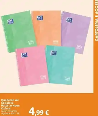 Carrefour Quaderno A4 Spiralato Pastel O Neon Oxford offerta