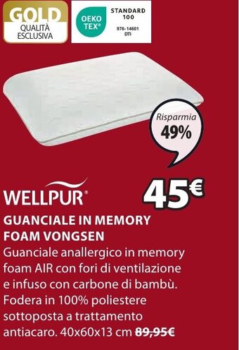 JYSK WELLPUR GUANCIALE IN MEMORY FOAM VONGSEN 40x60x13 cm offerta