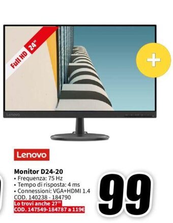 MediaWorld Lenovo Monitor D24-20 offerta